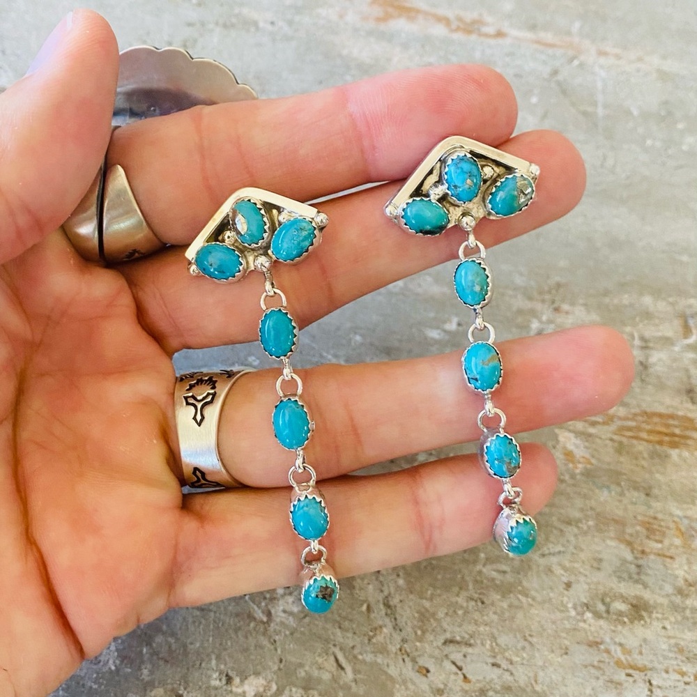 ♥️ Navajo ♥️ Nora Whitegoat Sterling Silver & Kingman Turquoise Earrings